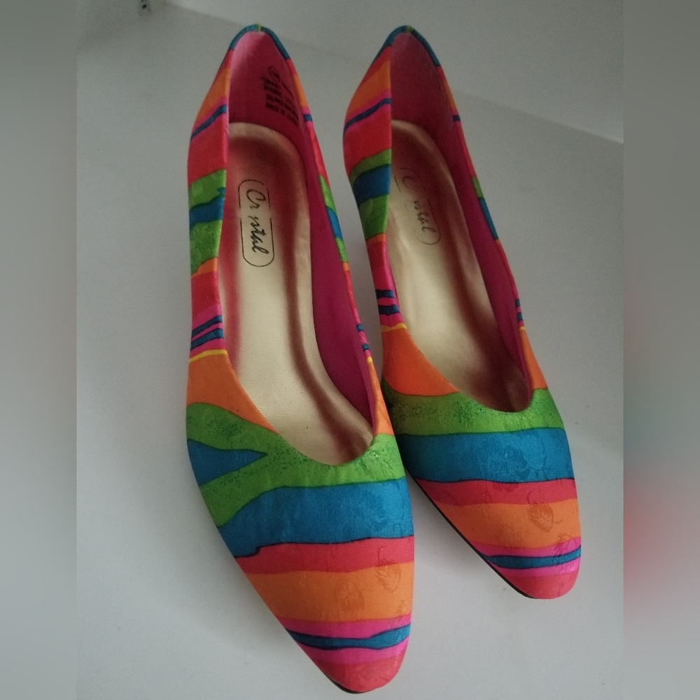 Crystal fabric pump rainbow color kitten heels